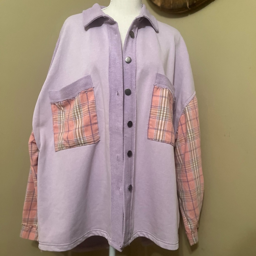 POL Lavender Button-Down Shirt with Pink Plaid Accents